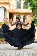 Prazu Fashion Black Reyon With Kutchi Gamthi Embroidered Navaratri Gown | Grocsy