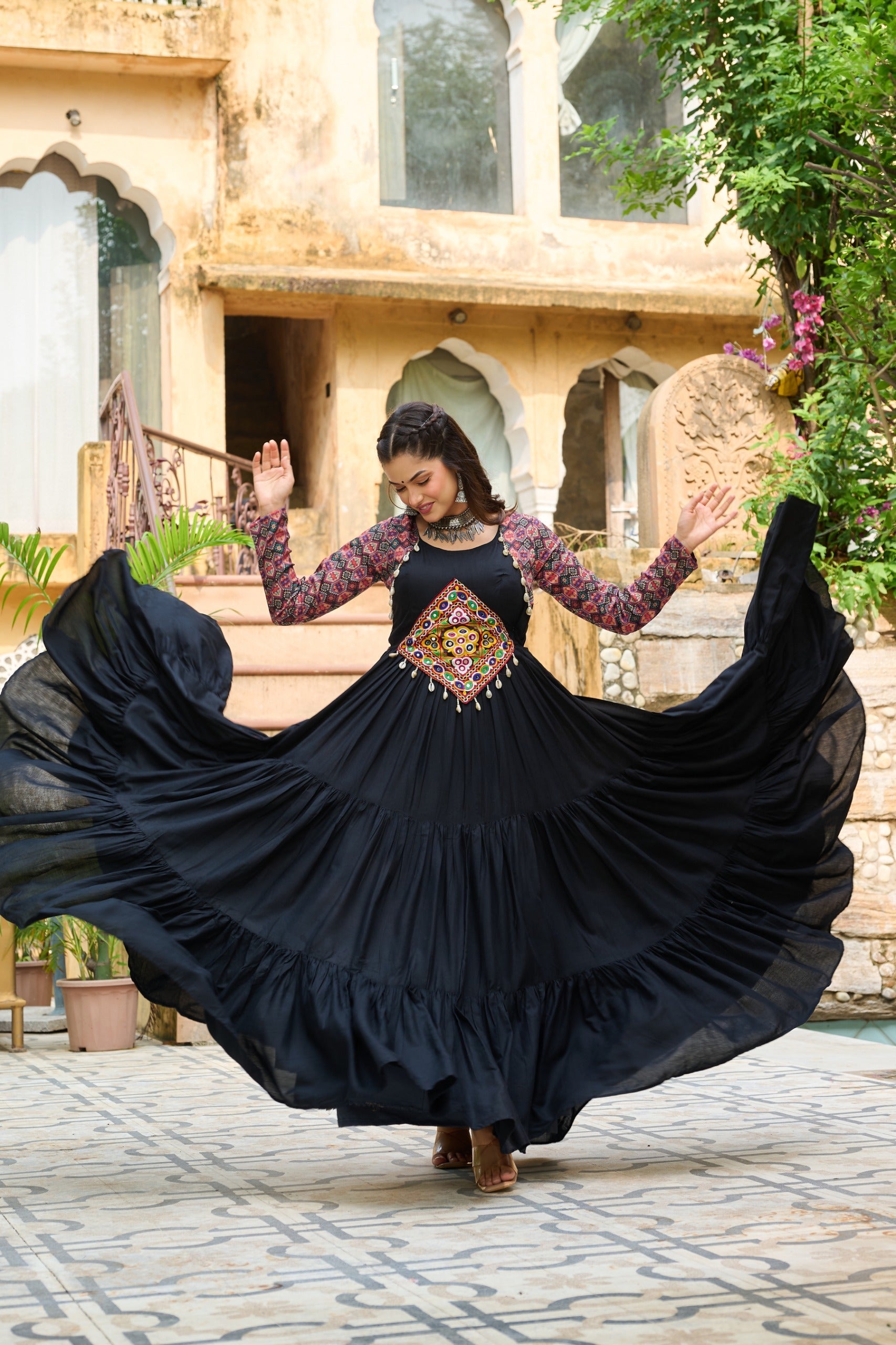 Prazu Fashion Black Reyon With Kutchi Gamthi Embroidered Navaratri Gown | Grocsy