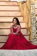 Prazu Fashion Maroon Reyon With Kutchi Gamthi Embroidered Navaratri Gown | Grocsy