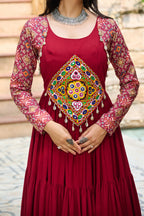 Prazu Fashion Maroon Reyon With Kutchi Gamthi Embroidered Navaratri Gown | Grocsy