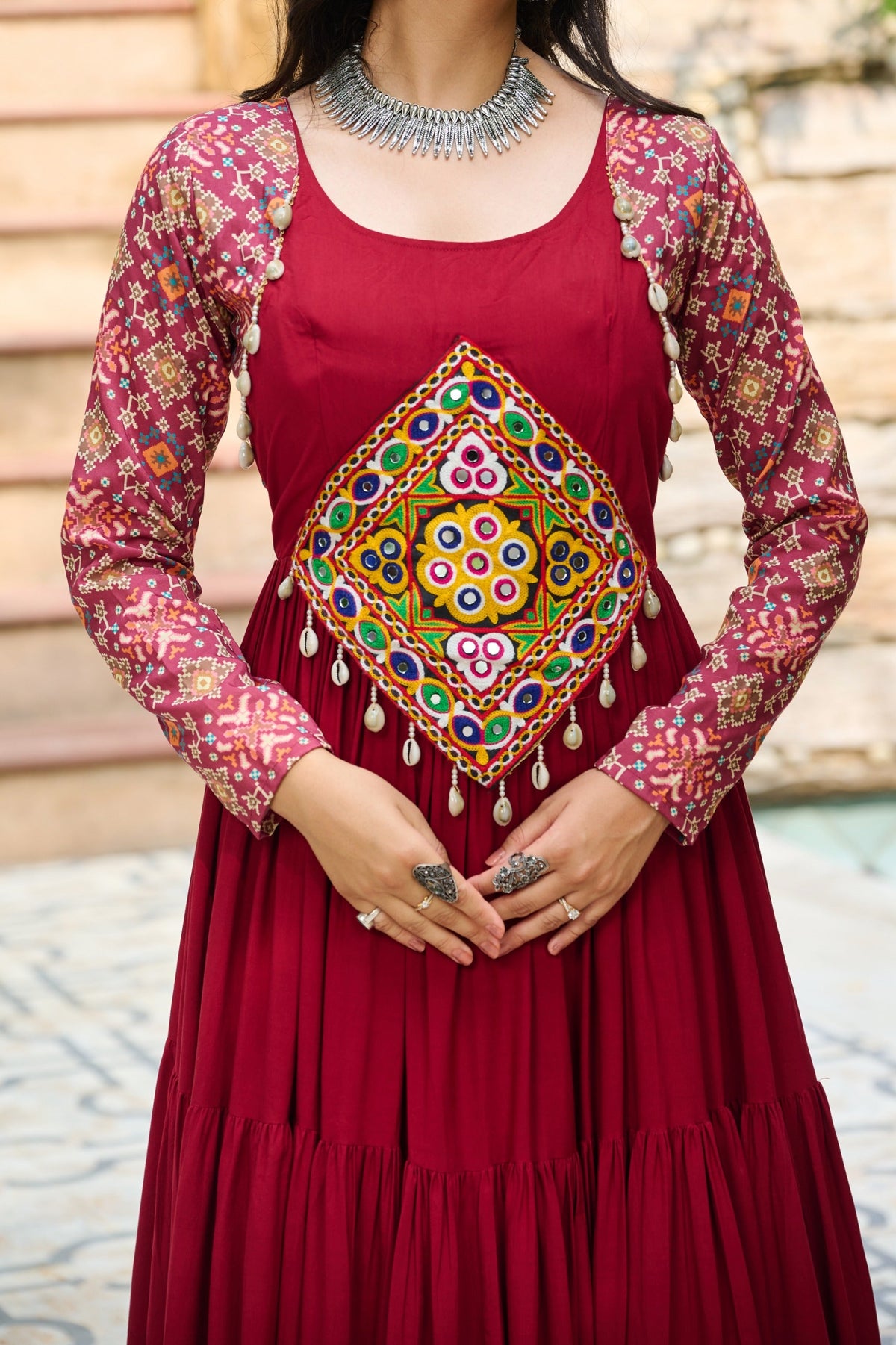 Prazu Fashion Maroon Reyon With Kutchi Gamthi Embroidered Navaratri Gown | Grocsy