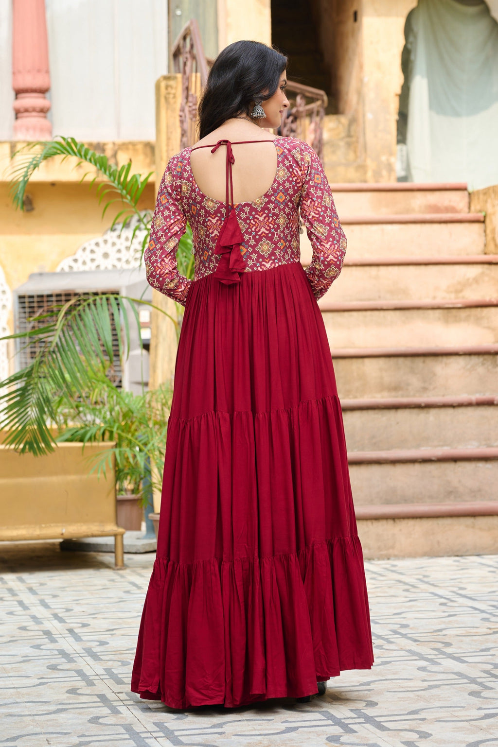 Prazu Fashion Maroon Reyon With Kutchi Gamthi Embroidered Navaratri Gown | Grocsy