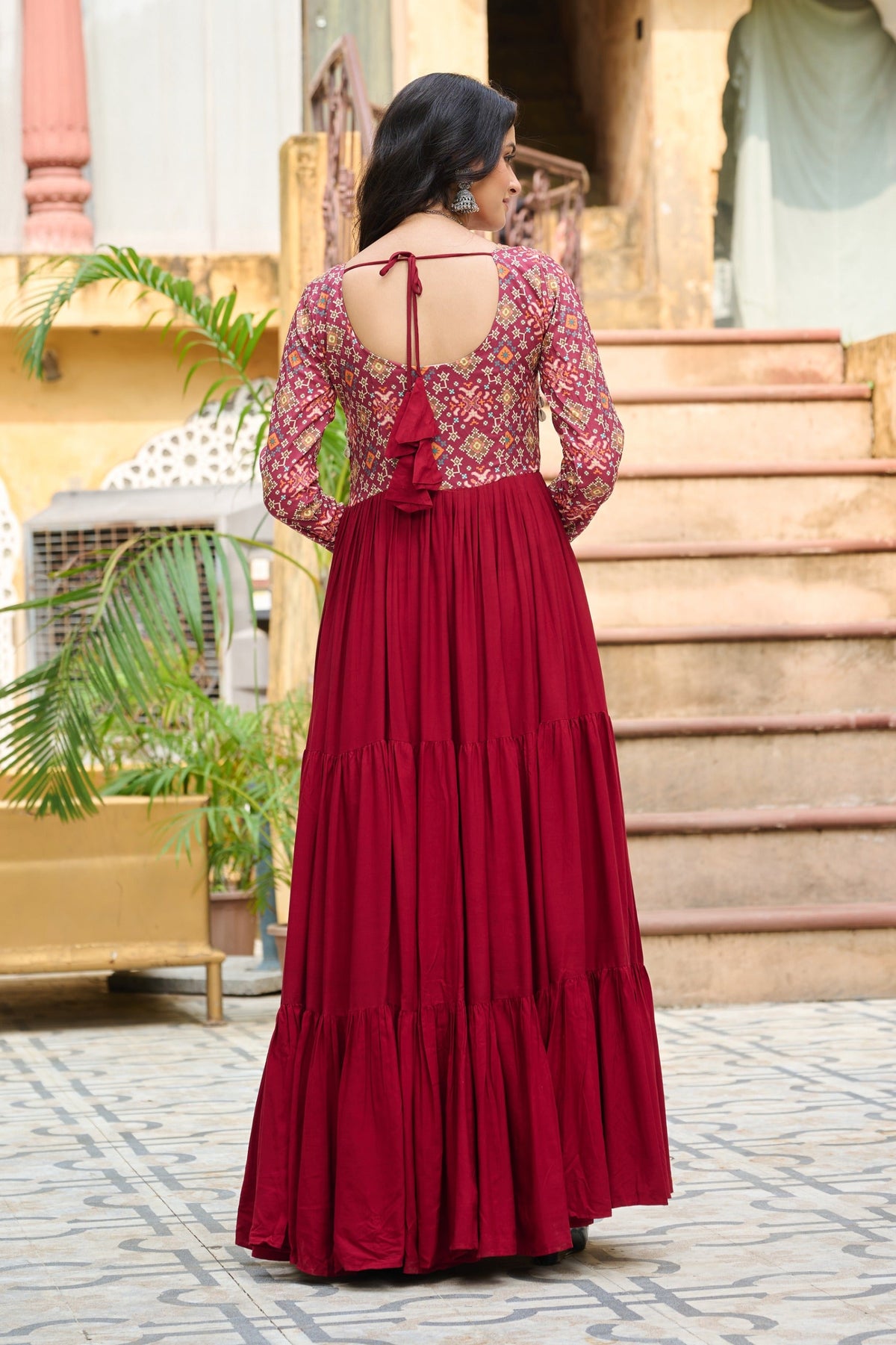 Prazu Fashion Maroon Reyon With Kutchi Gamthi Embroidered Navaratri Gown | Grocsy