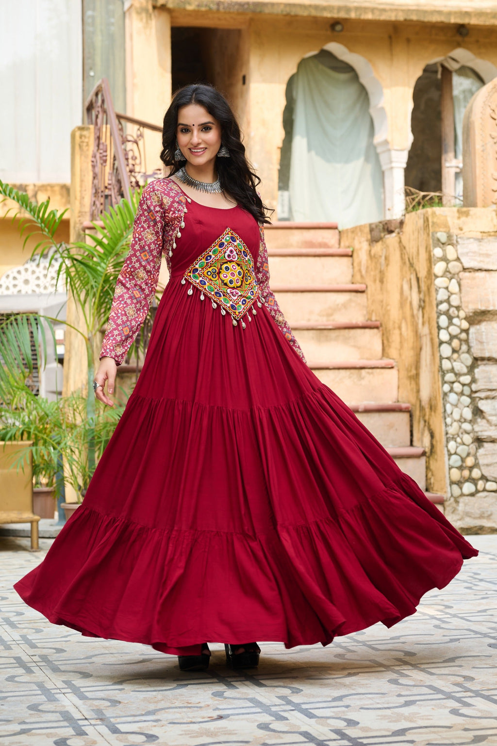 Prazu Fashion Maroon Reyon With Kutchi Gamthi Embroidered Navaratri Gown | Grocsy