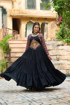 Lorenvalley Fashion Black Rayon Kutchi Gamthi Embroidered Work & Cotton Print Work Gown | Grocsy