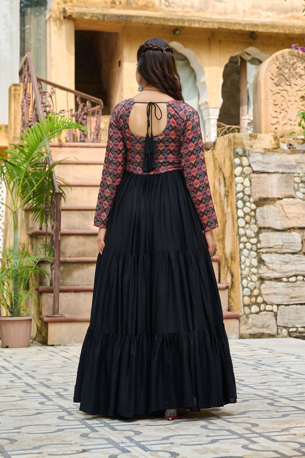Lorenvalley Fashion Black Rayon Kutchi Gamthi Embroidered Work & Cotton Print Work Gown | Grocsy