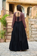 Lorenvalley Fashion Black Rayon Kutchi Gamthi Embroidered Work & Cotton Print Work Gown | Grocsy