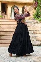 Lorenvalley Fashion Black Rayon Kutchi Gamthi Embroidered Work & Cotton Print Work Gown | Grocsy
