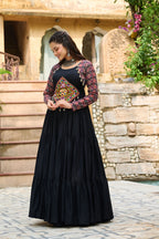 Lorenvalley Fashion Black Rayon Kutchi Gamthi Embroidered Work & Cotton Print Work Gown | Grocsy