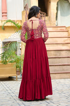 Lorenvalley Fashion Maroon Rayon Kutchi Gamthi Embroidered Work & Cotton Print Work Gown | Grocsy