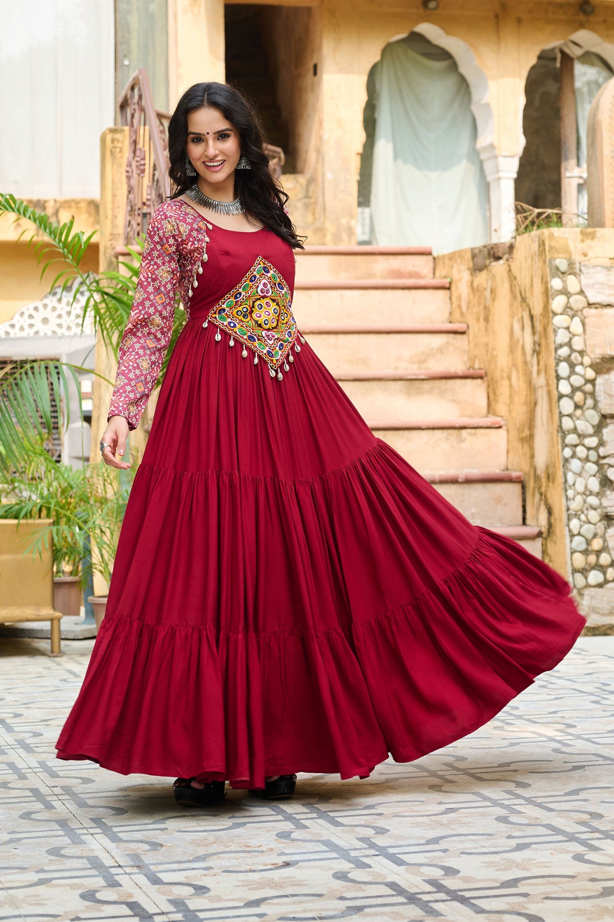 Lorenvalley Fashion Maroon Rayon Kutchi Gamthi Embroidered Work & Cotton Print Work Gown | Grocsy