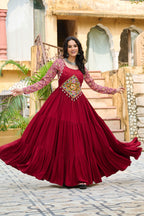 Lorenvalley Fashion Maroon Rayon Kutchi Gamthi Embroidered Work & Cotton Print Work Gown | Grocsy