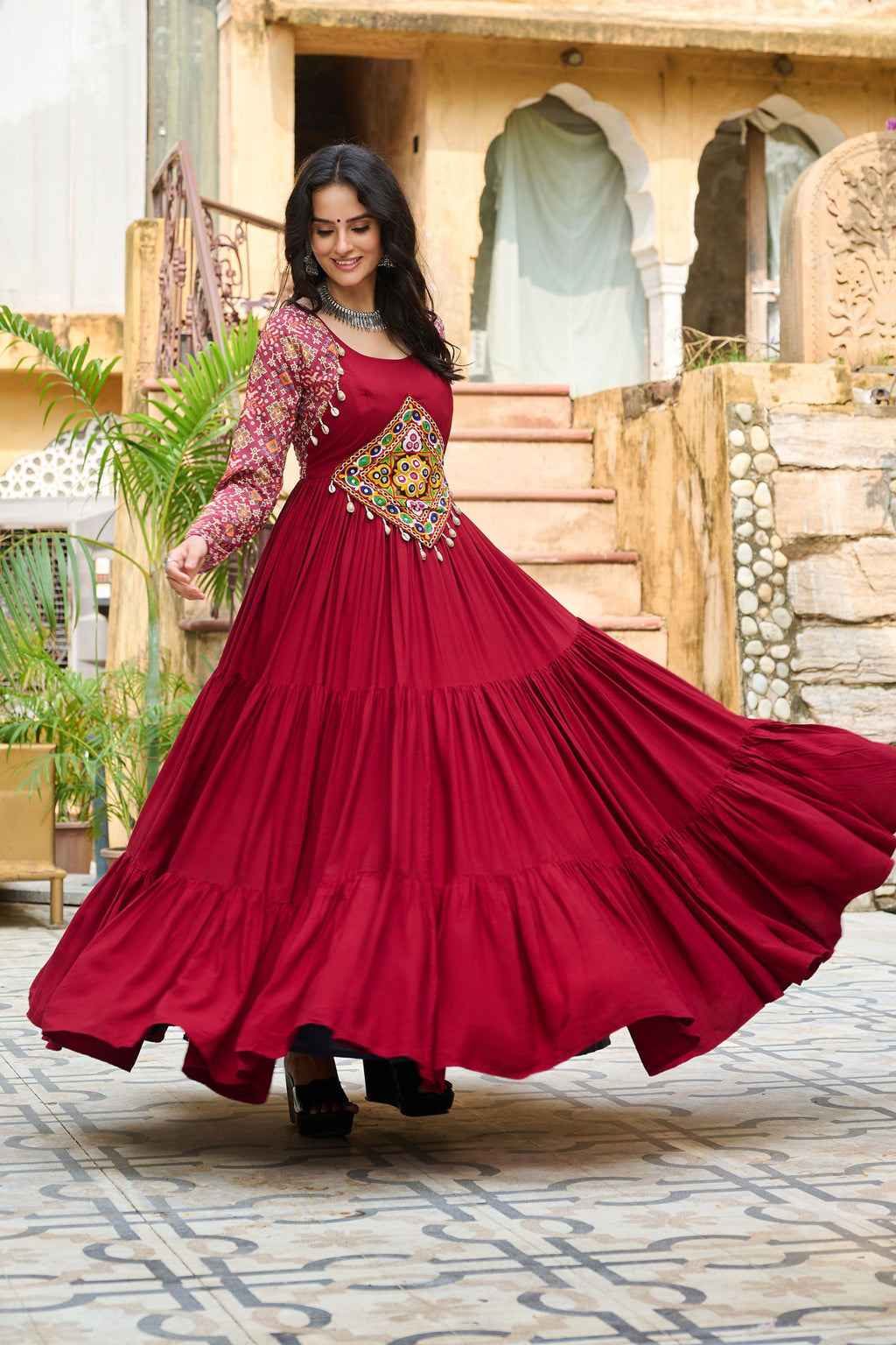 Lorenvalley Fashion Maroon Rayon Kutchi Gamthi Embroidered Work & Cotton Print Work Gown | Grocsy