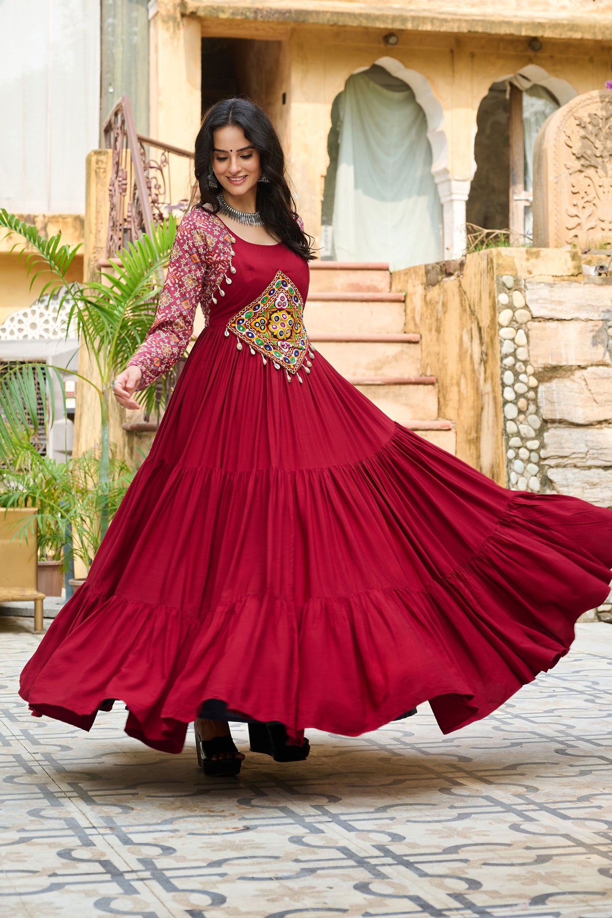 Lorenvalley Fashion Maroon Rayon Kutchi Gamthi Embroidered Work & Cotton Print Work Gown | Grocsy