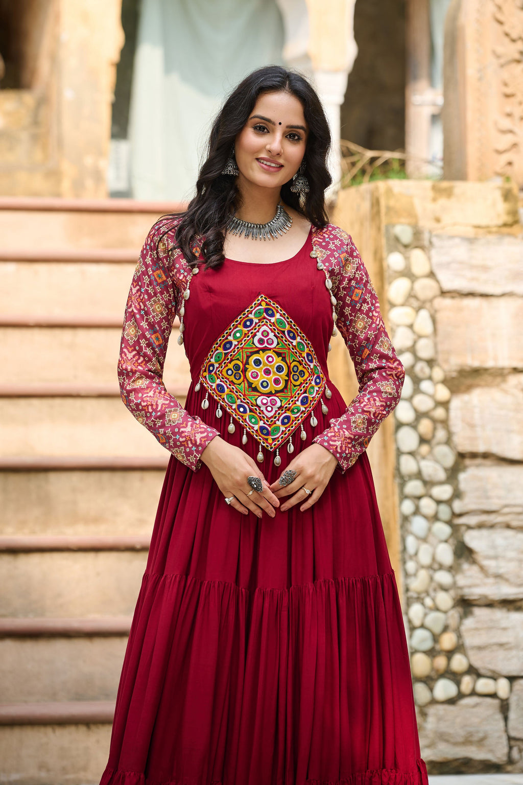 Lorenvalley Fashion Maroon Rayon Kutchi Gamthi Embroidered Work & Cotton Print Work Gown | Grocsy