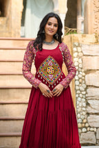 Lorenvalley Fashion Maroon Rayon Kutchi Gamthi Embroidered Work & Cotton Print Work Gown | Grocsy