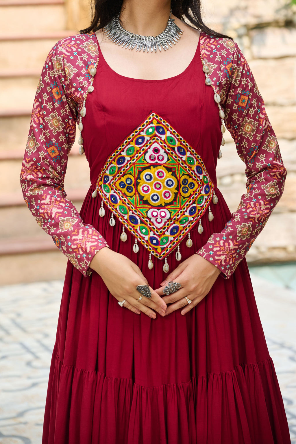 Lorenvalley Fashion Maroon Rayon Kutchi Gamthi Embroidered Work & Cotton Print Work Gown | Grocsy