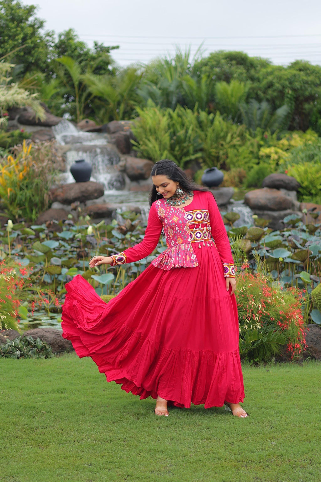 Prazu Fashion Rani Pink Rayon With Kutchi Gamthi & Cotton Print Work Gown For Navratri | Grocsy