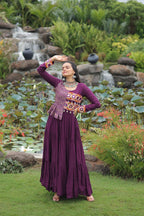 Prazu Fashion Wine Rayon With Kutchi Gamthi & Cotton Print Work Gown For Navratri | Grocsy