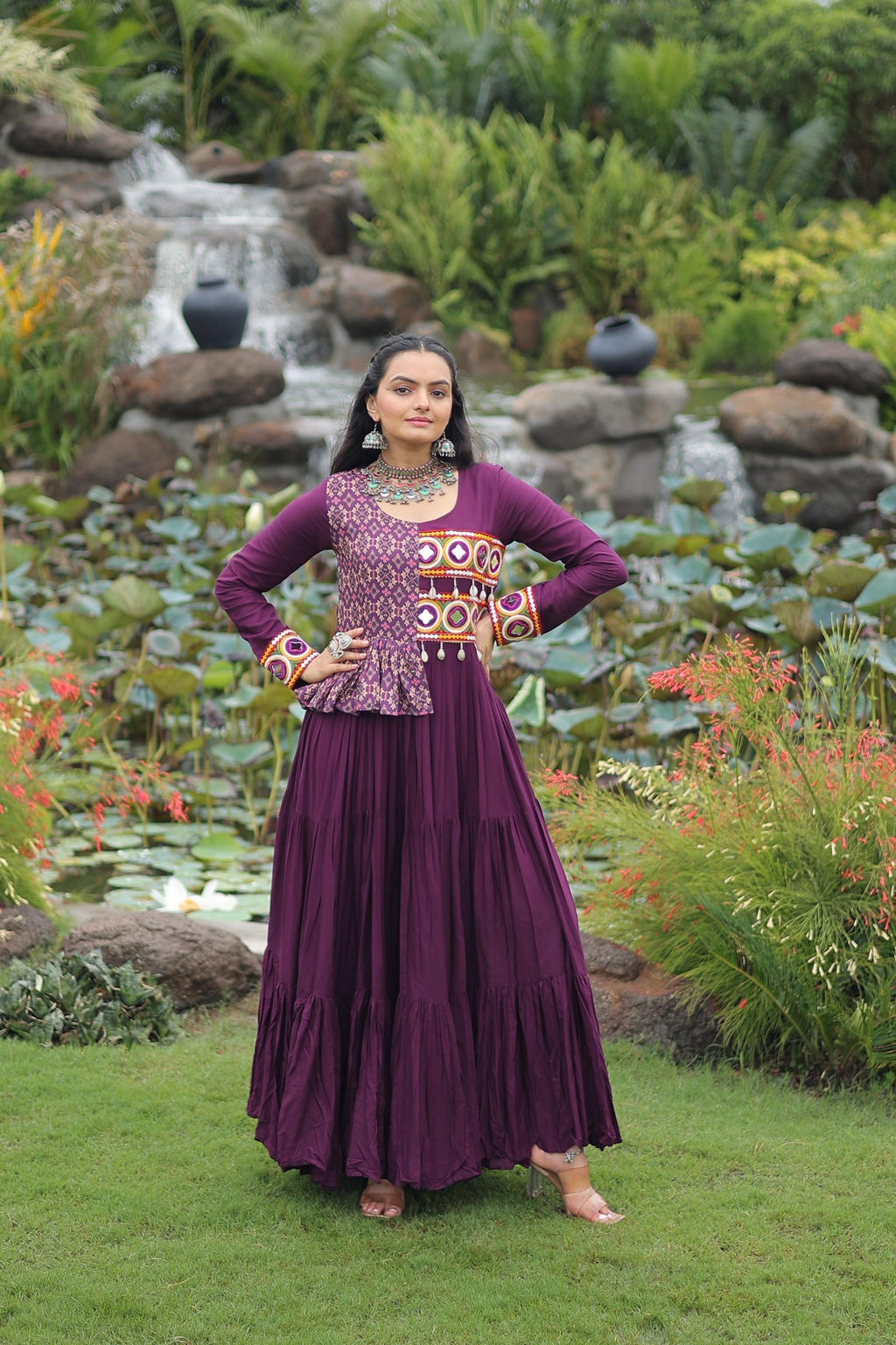 Prazu Fashion Wine Rayon With Kutchi Gamthi & Cotton Print Work Gown For Navratri | Grocsy