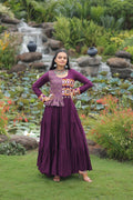 Prazu Fashion Wine Rayon With Kutchi Gamthi & Cotton Print Work Gown For Navratri | Grocsy
