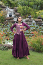 Prazu Fashion Wine Rayon With Kutchi Gamthi & Cotton Print Work Gown For Navratri | Grocsy