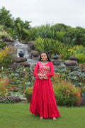 Lorenvalley Fashion Pink Rayon Kutchi Gamthi Embroidered Work & Cotton Print Work Gown | Grocsy