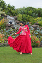 Lorenvalley Fashion Pink Rayon Kutchi Gamthi Embroidered Work & Cotton Print Work Gown | Grocsy