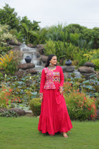 Lorenvalley Fashion Pink Rayon Kutchi Gamthi Embroidered Work & Cotton Print Work Gown | Grocsy