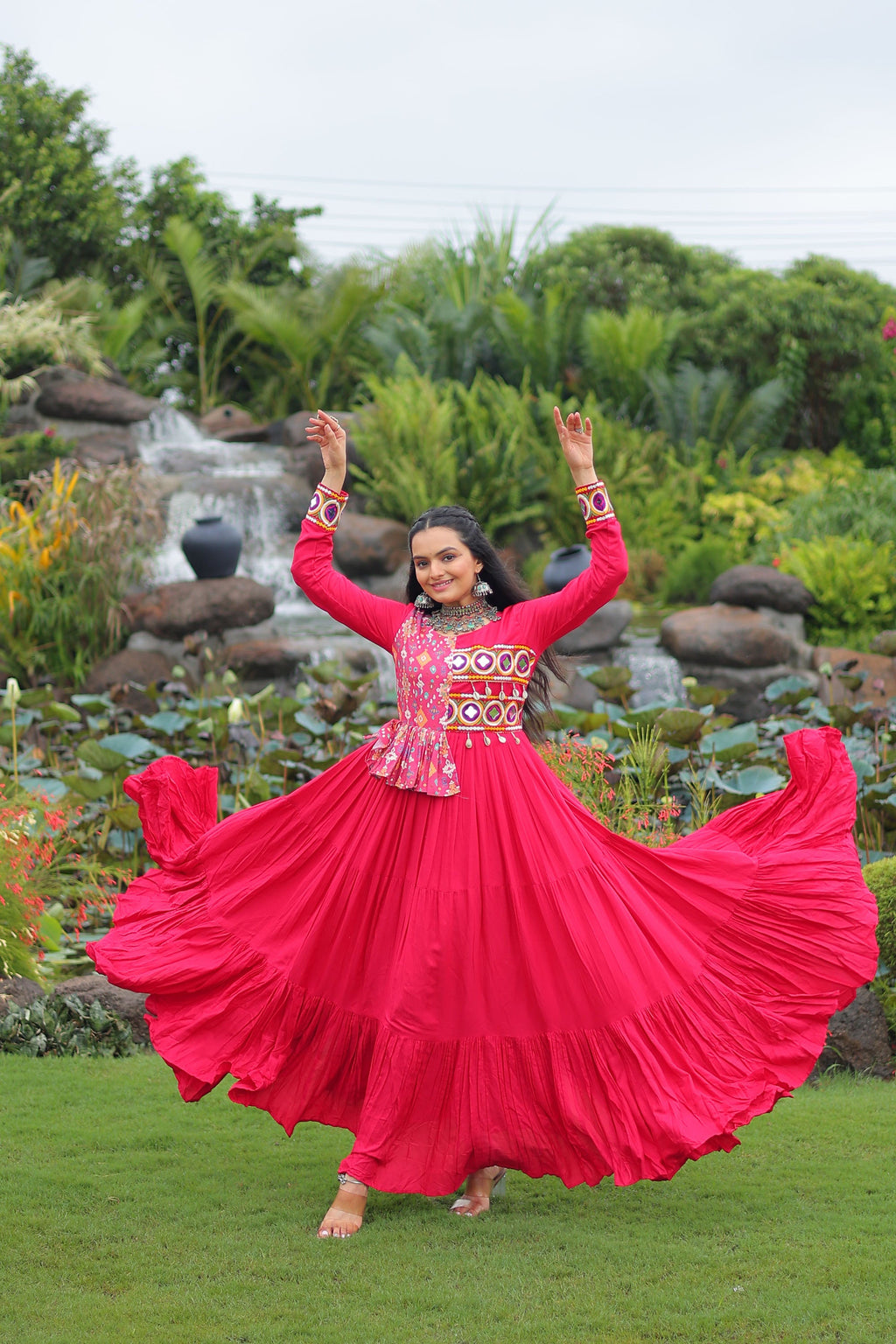 Lorenvalley Fashion Pink Rayon Kutchi Gamthi Embroidered Work & Cotton Print Work Gown | Grocsy