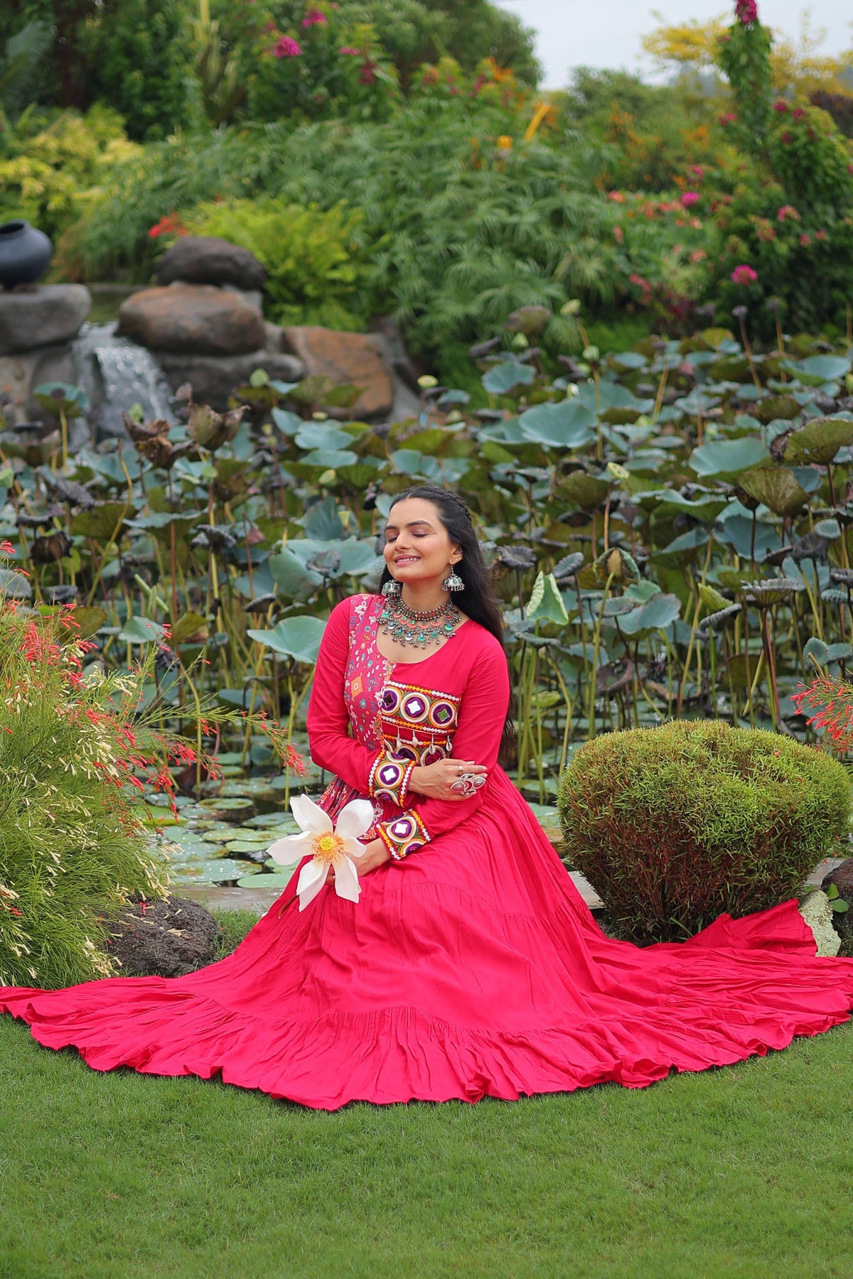 Lorenvalley Fashion Pink Rayon Kutchi Gamthi Embroidered Work & Cotton Print Work Gown | Grocsy