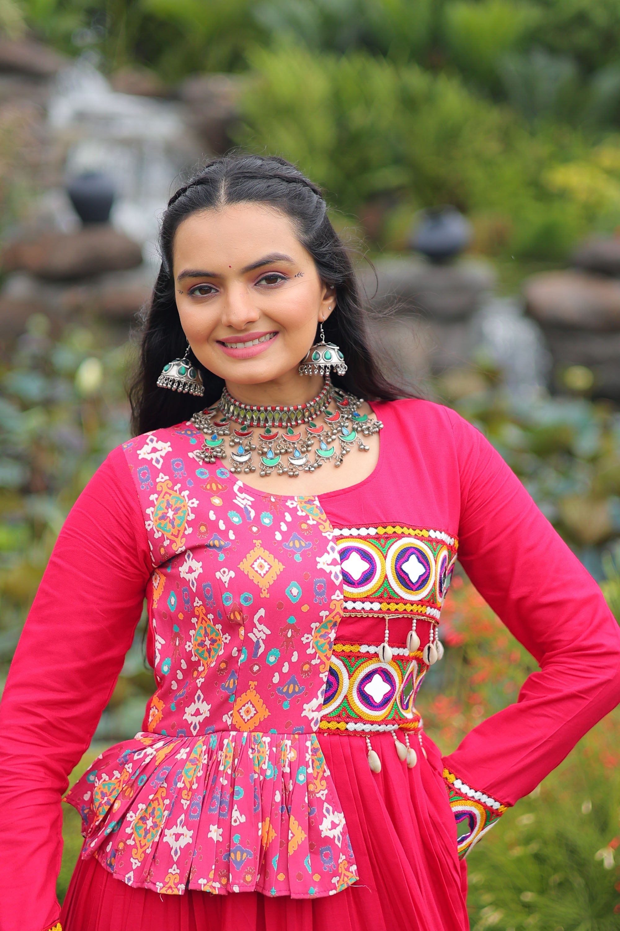 Lorenvalley Fashion Pink Rayon Kutchi Gamthi Embroidered Work & Cotton Print Work Gown | Grocsy