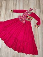 Lorenvalley Fashion Pink Rayon Kutchi Gamthi Embroidered Work & Cotton Print Work Gown | Grocsy