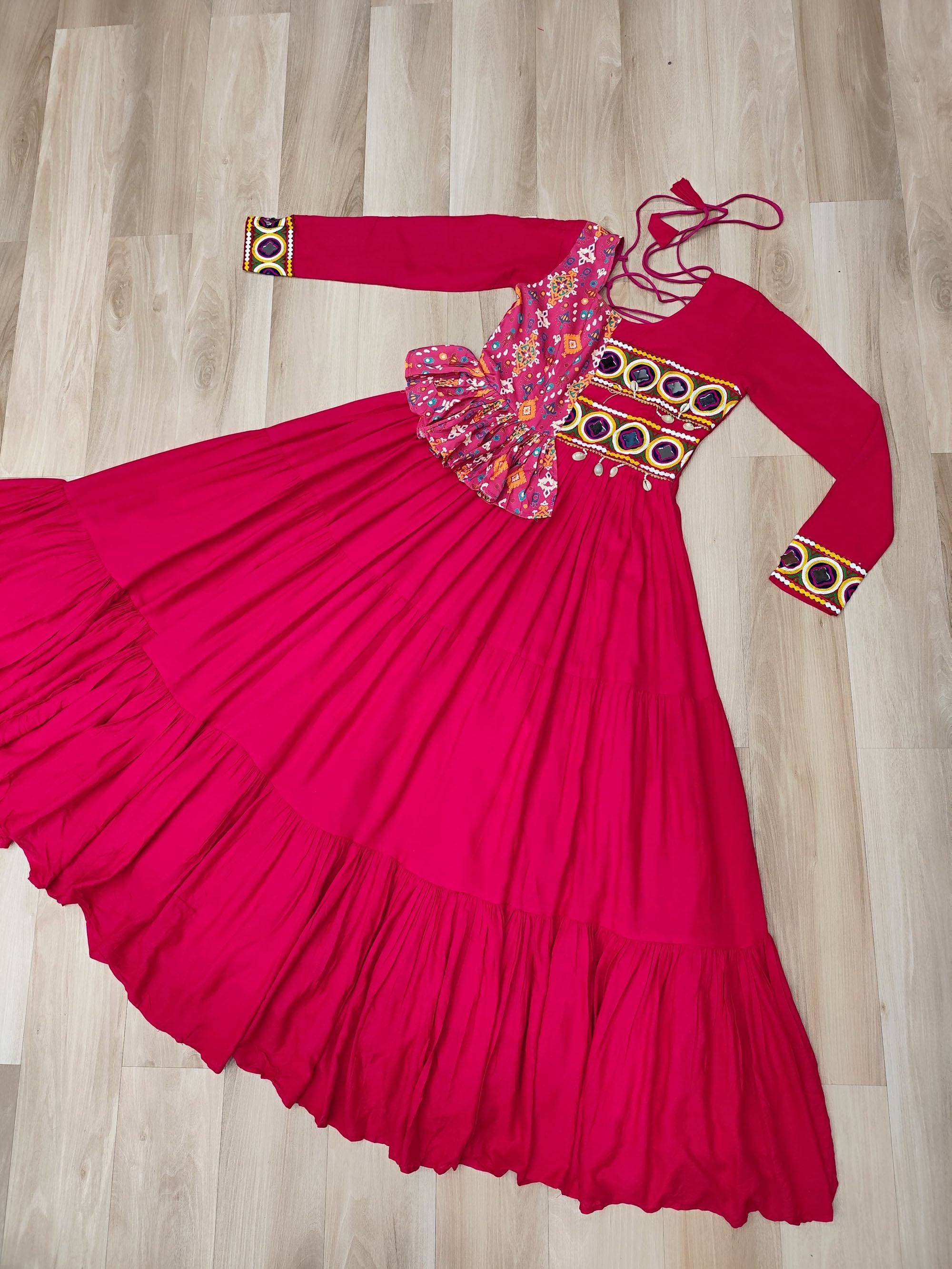 Lorenvalley Fashion Pink Rayon Kutchi Gamthi Embroidered Work & Cotton Print Work Gown | Grocsy
