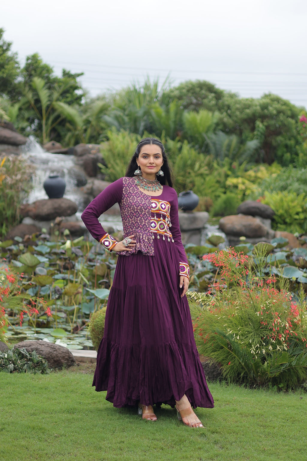 Lorenvalley Fashion Wine Rayon Kutchi Gamthi Embroidered Work & Cotton Print Work Gown | Grocsy