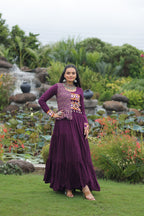 Lorenvalley Fashion Wine Rayon Kutchi Gamthi Embroidered Work & Cotton Print Work Gown | Grocsy