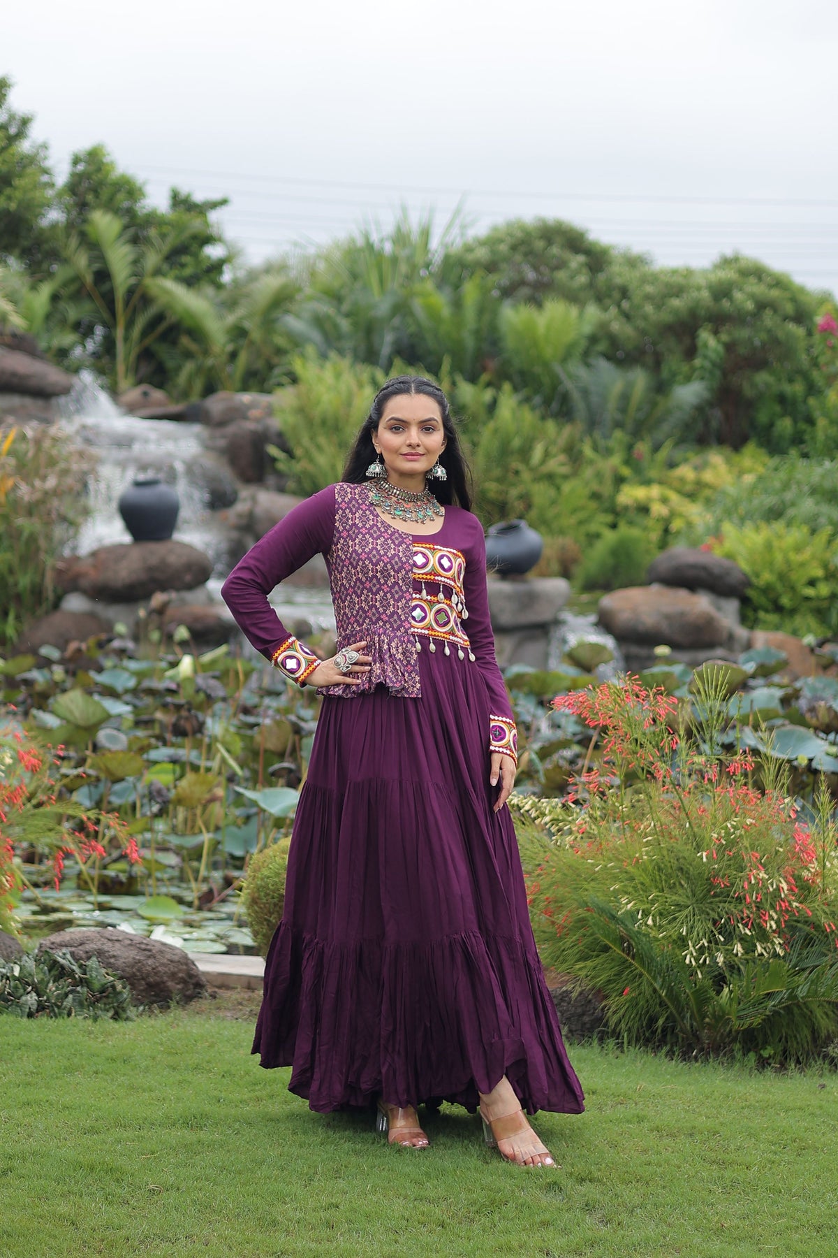 Lorenvalley Fashion Wine Rayon Kutchi Gamthi Embroidered Work & Cotton Print Work Gown | Grocsy