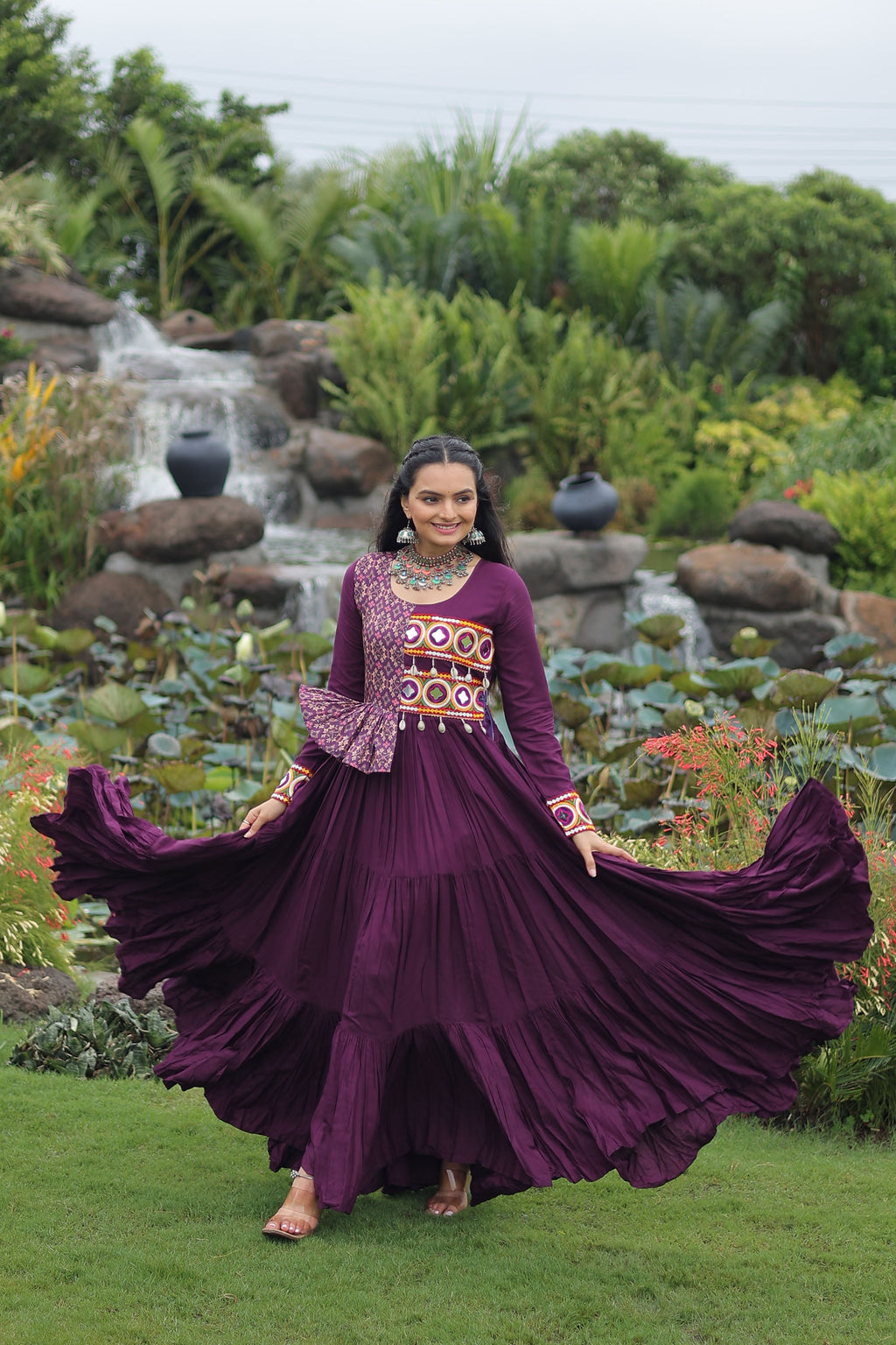 Lorenvalley Fashion Wine Rayon Kutchi Gamthi Embroidered Work & Cotton Print Work Gown | Grocsy