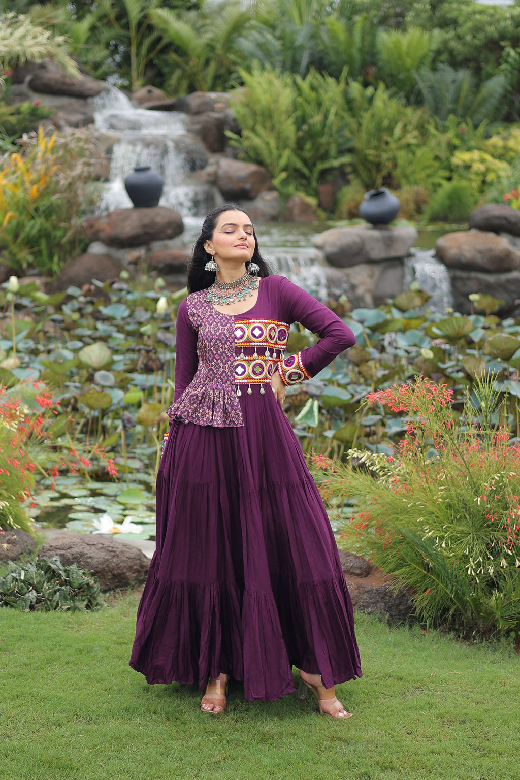 Lorenvalley Fashion Wine Rayon Kutchi Gamthi Embroidered Work & Cotton Print Work Gown | Grocsy