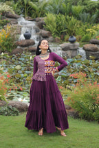 Lorenvalley Fashion Wine Rayon Kutchi Gamthi Embroidered Work & Cotton Print Work Gown | Grocsy