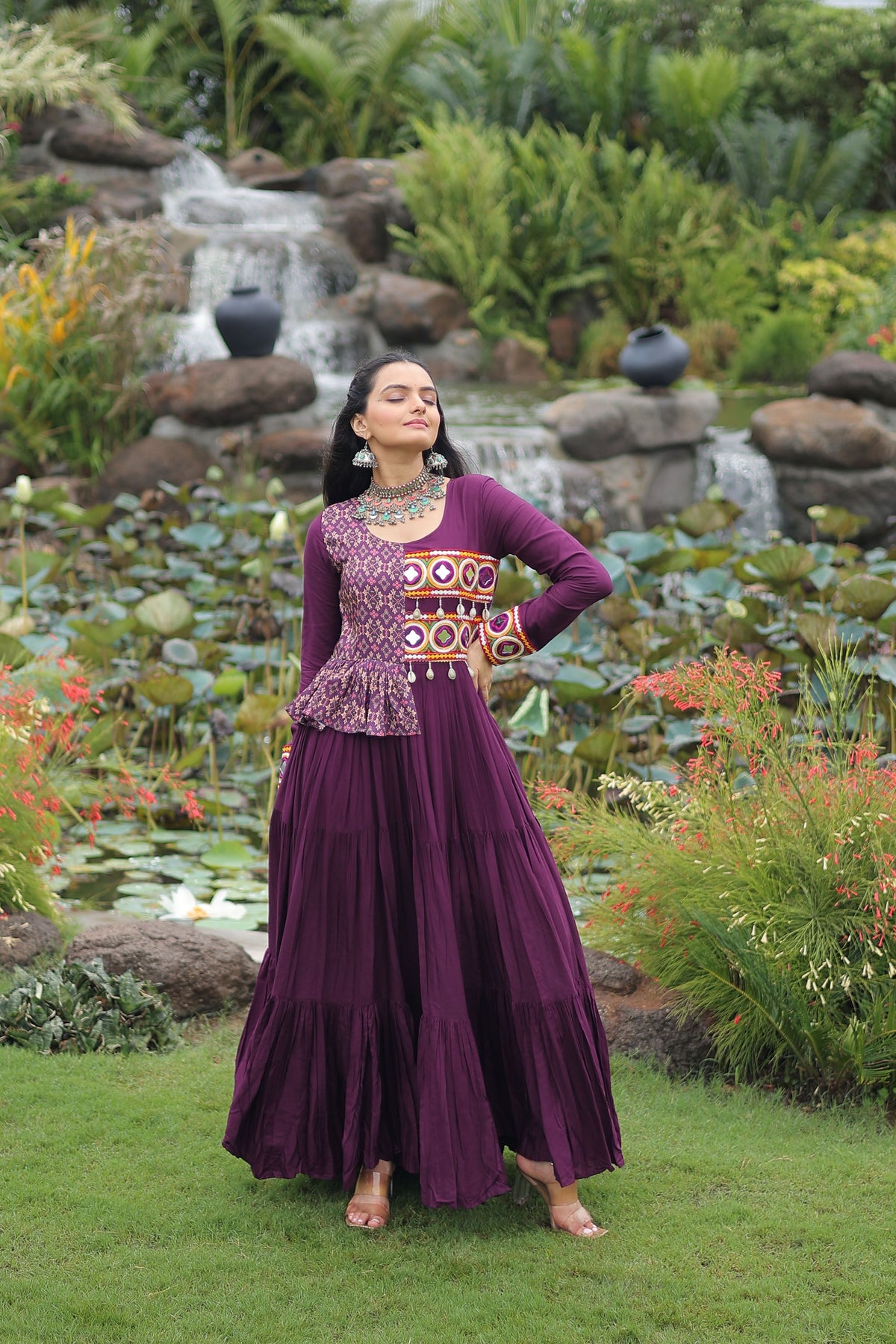 Lorenvalley Fashion Wine Rayon Kutchi Gamthi Embroidered Work & Cotton Print Work Gown | Grocsy