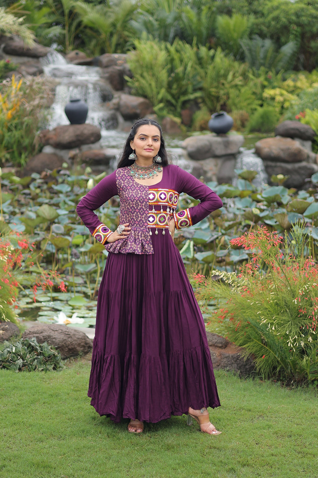 Lorenvalley Fashion Wine Rayon Kutchi Gamthi Embroidered Work & Cotton Print Work Gown | Grocsy