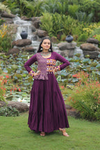Lorenvalley Fashion Wine Rayon Kutchi Gamthi Embroidered Work & Cotton Print Work Gown | Grocsy