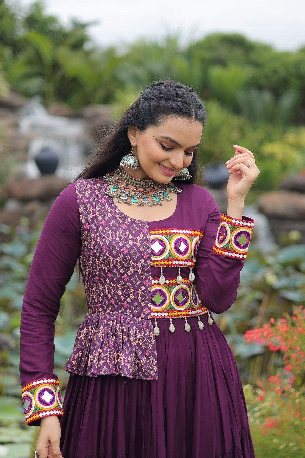 Lorenvalley Fashion Wine Rayon Kutchi Gamthi Embroidered Work & Cotton Print Work Gown | Grocsy