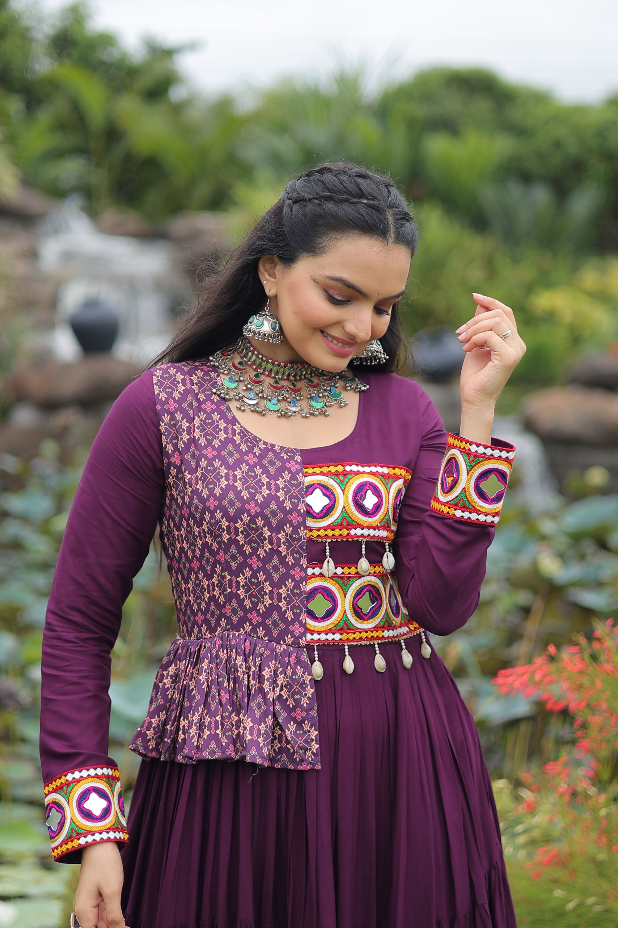 Lorenvalley Fashion Wine Rayon Kutchi Gamthi Embroidered Work & Cotton Print Work Gown | Grocsy