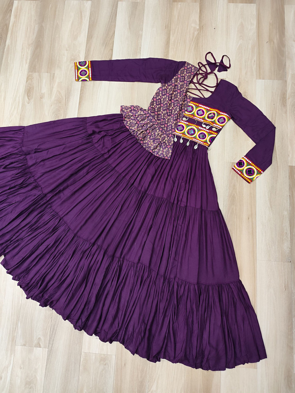 Lorenvalley Fashion Wine Rayon Kutchi Gamthi Embroidered Work & Cotton Print Work Gown | Grocsy