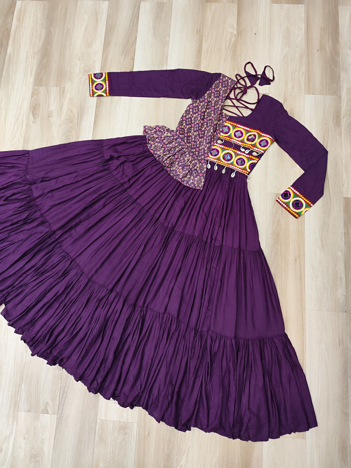 Lorenvalley Fashion Wine Rayon Kutchi Gamthi Embroidered Work & Cotton Print Work Gown | Grocsy