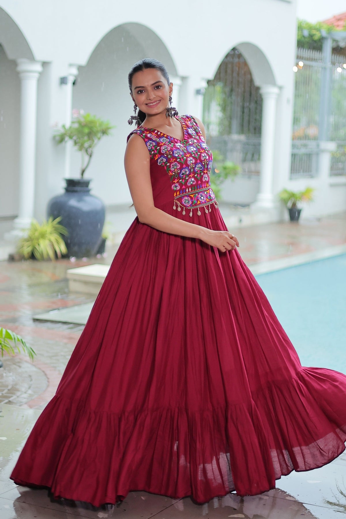 Prazu Fashion Maroon Reyon Kutchi Gamthi Thread Work Navaratri Gown | Grocsy