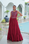 Prazu Fashion Maroon Reyon Kutchi Gamthi Thread Work Navaratri Gown | Grocsy