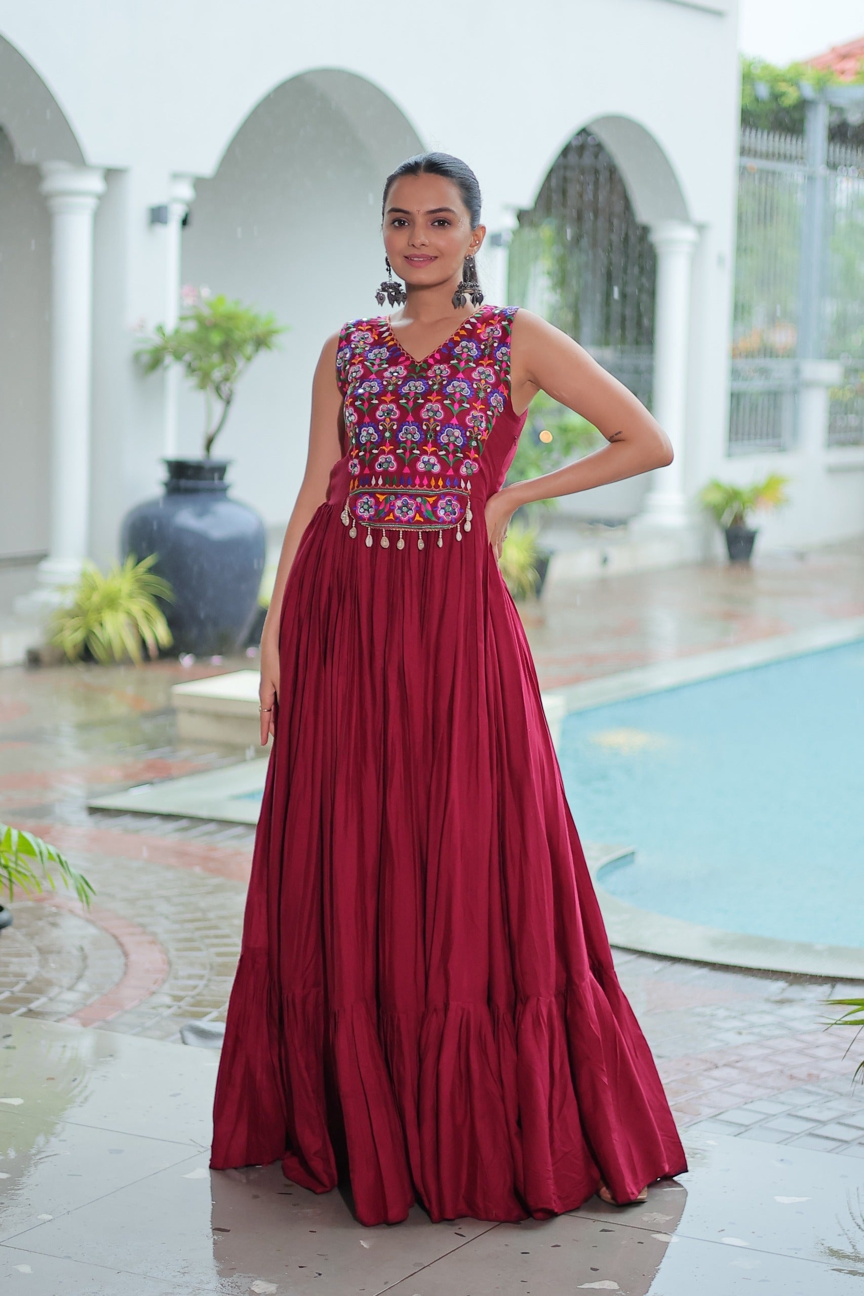 Prazu Fashion Maroon Reyon Kutchi Gamthi Thread Work Navaratri Gown | Grocsy